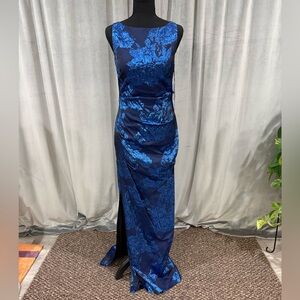 Aidan Mattox Navy and Blue Floral Maxi Dress